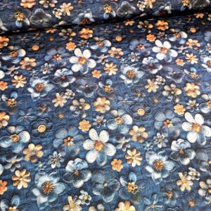 Kočárkovina Vyšívané kytičky jeans