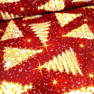 Loneta Zlaté stromečky na červené