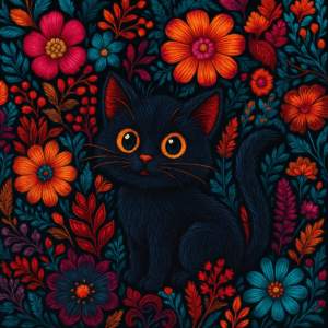 PANEL VYŠÍVANÉ KYTIČKY S ČERNOU KOČIČKOU