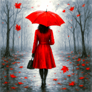 PANEL  DÁMA V ČERVENÉM KABÁTKU S DEŠTNÍKEM 1