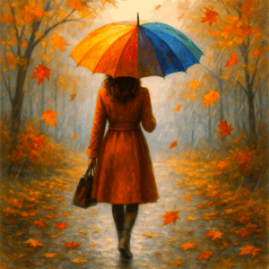 PANEL DÁMA V ČERVENÉM KABÁTKU S DEŠTNÍKEM 2