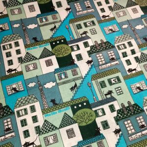 Plátno Domečky a kočky - tyrkysová