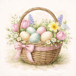 PANEL VELIKONOČNÍ KOŠÍK S VAJÍČKY A KVĚTINAMI