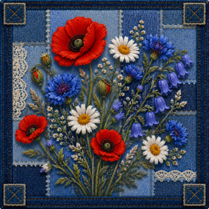PANEL PATCHWORK MÁKY, KOPRETINY, CHRPA, ZVONEČKY